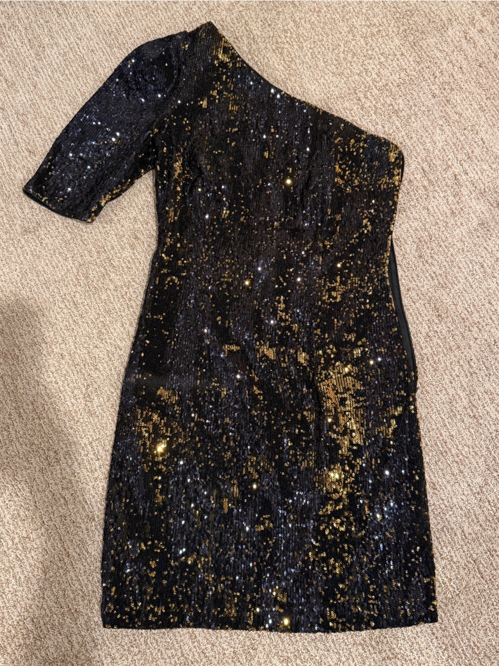 Badgley Mischka Black & Gold Sequin One-Shoulder Jumpsuit